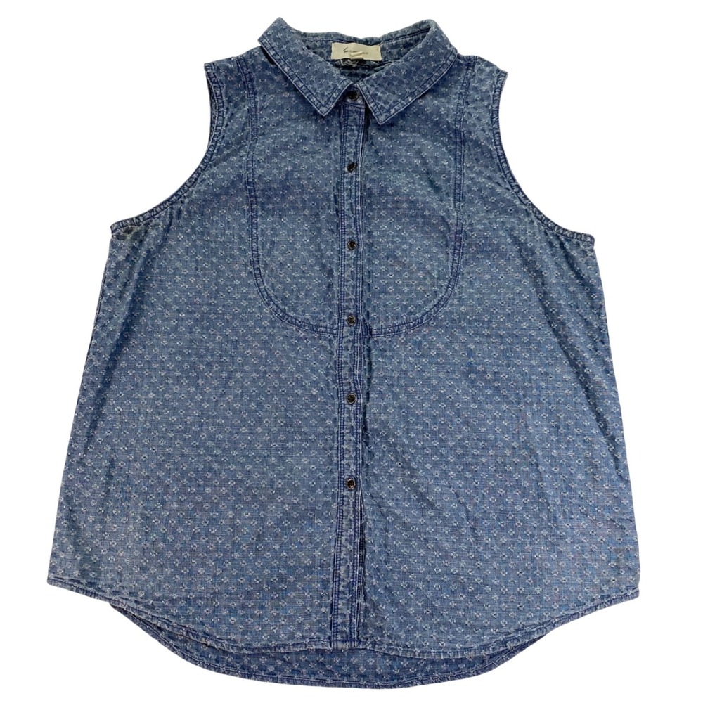 Two by Vince Camuto Sleeveless Button Down Women L Blue Embroidered Cotton Top